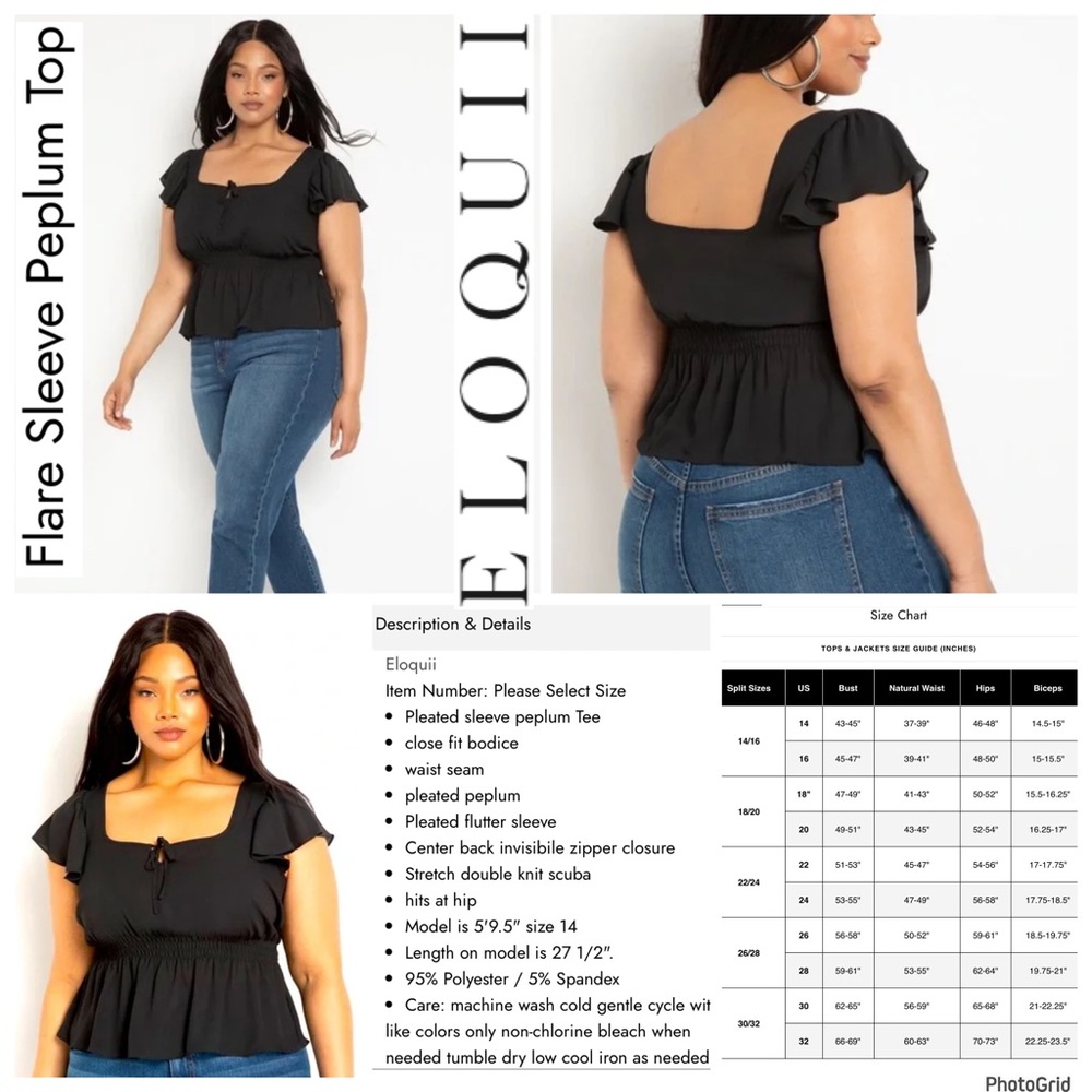 Eloquii 18 plus size black flare sleeve peplum top NWT